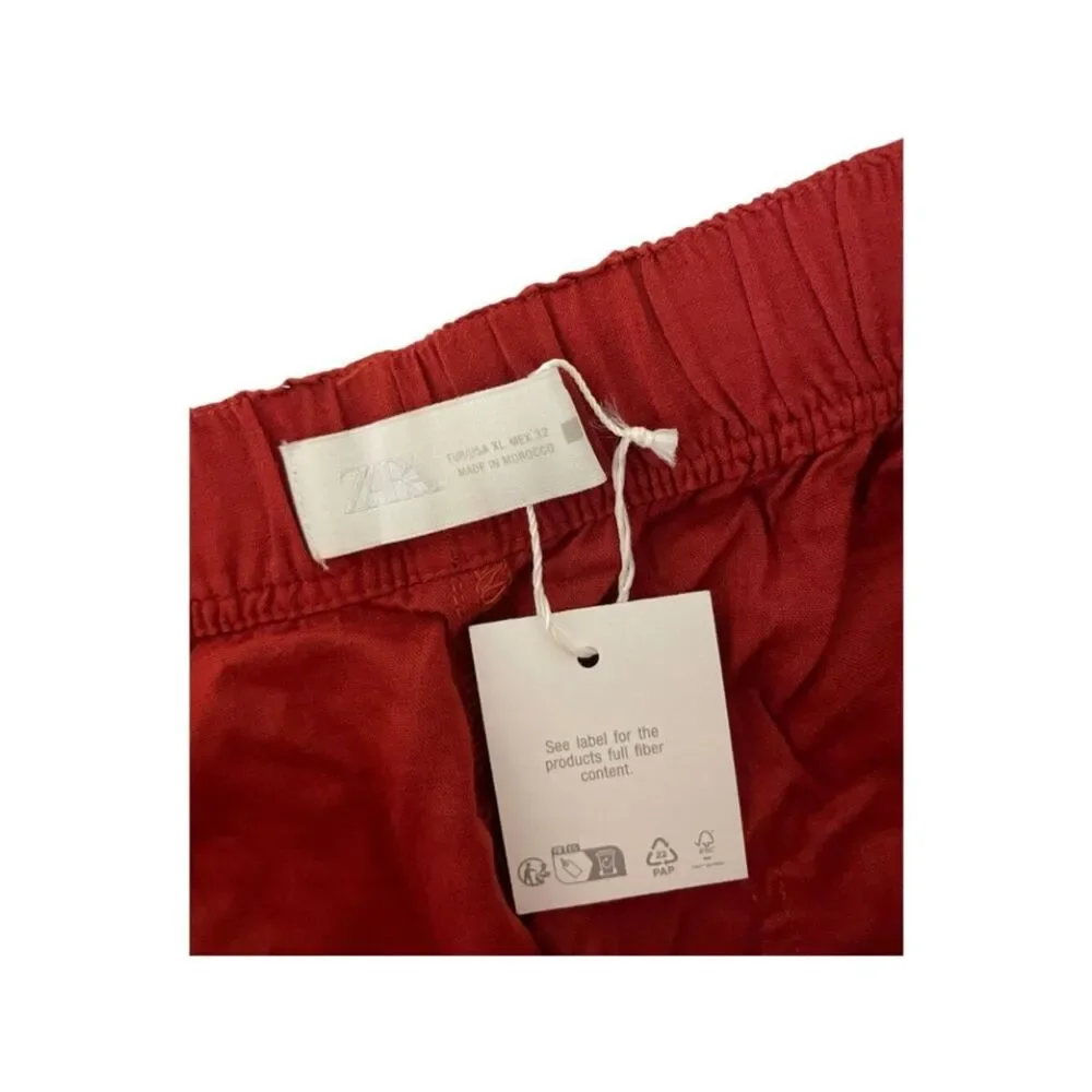 Zara Womens Linen Beaded Drawstring Ankle Pants linen XL Brick Red 8668/383 NWT
